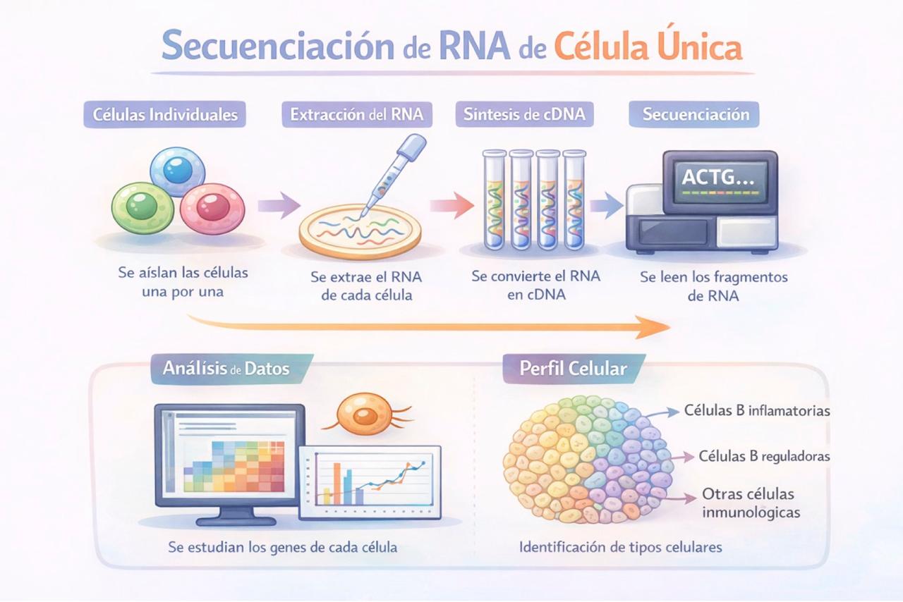 Figura 1. Proceso simplificado de la secuenciación de RNA de célula única. Primero se aíslan células individuales, luego se extrae su RNA y se convierte en DNA complementario (cDNA) para poder leer su secuencia. Finalmente, mediante análisis computacionales, se comparan los perfiles de expresión génica y se identifican los distintos tipos celulares presentes en una muestra. Creado por el autor con Gemini (Google).